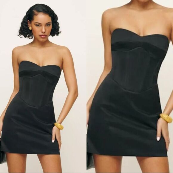 Reformation Pacie Satin Mini Dress in black - Picture 1 of 6